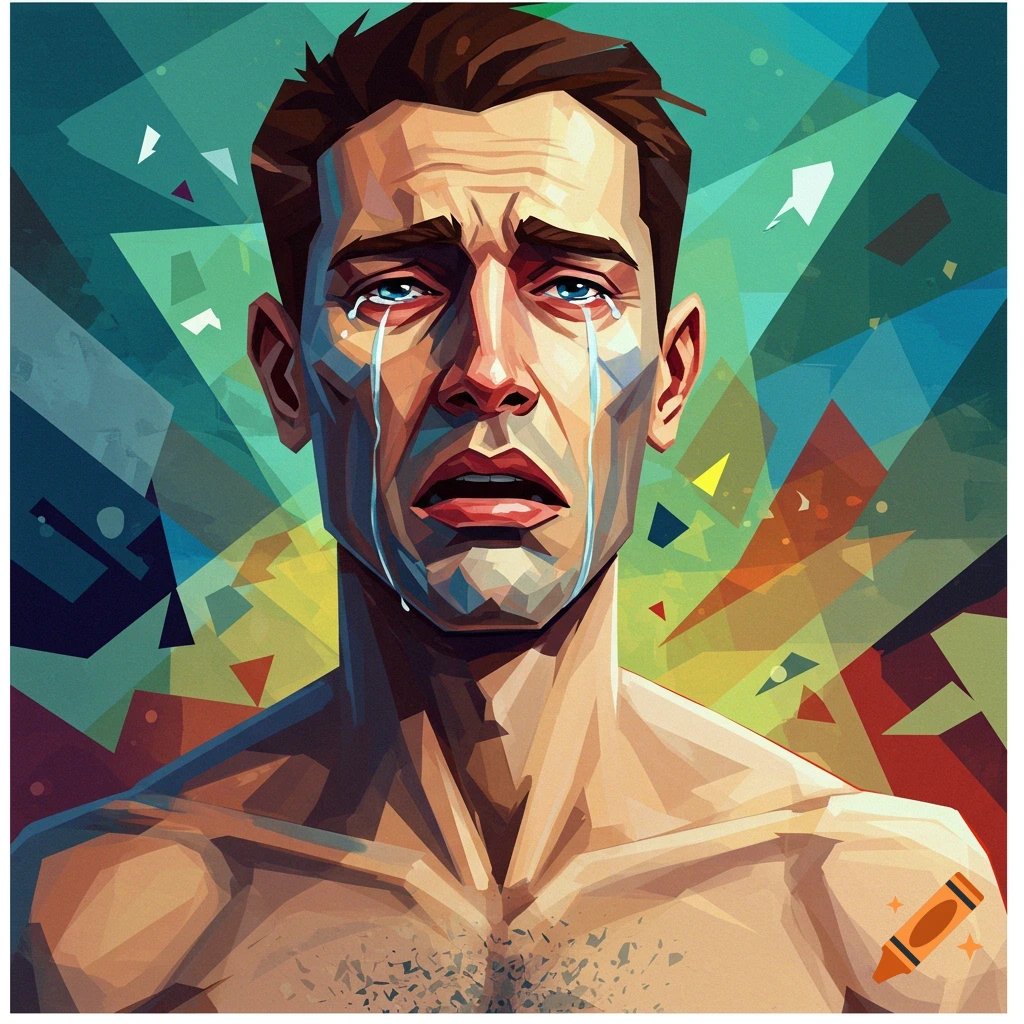 A man crying in a cubist style.