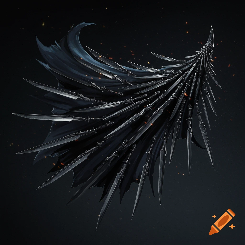A dark cape made of many overlapping sharp blades with sparks.
