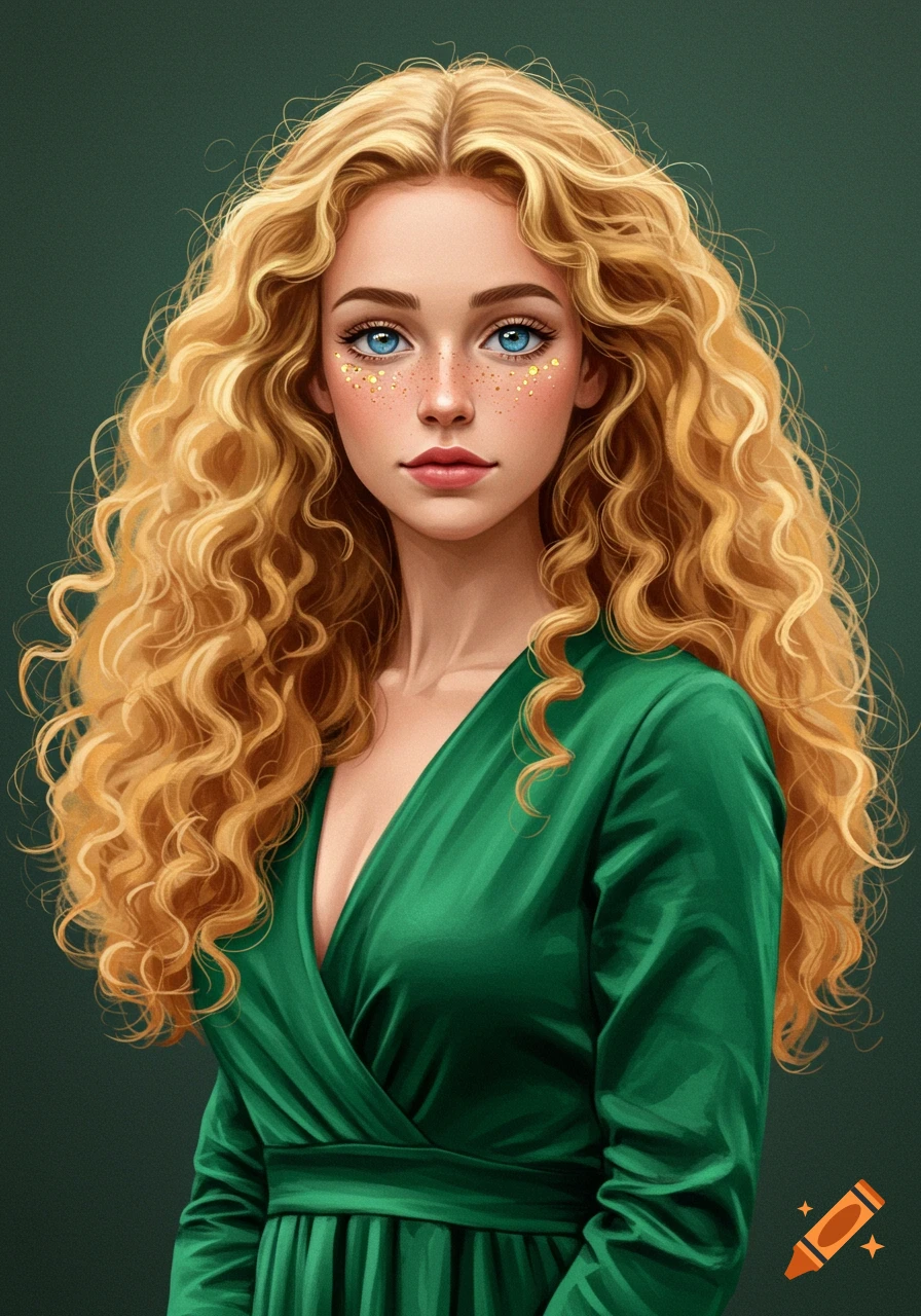 A woman with long curly blonde hair and blue eyes wears a green dress.