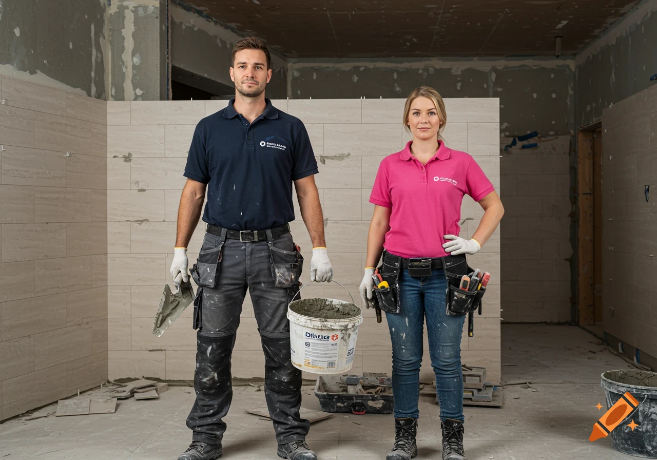 Man and woman tilers stand in a room under construction with tools and bucket of mortar