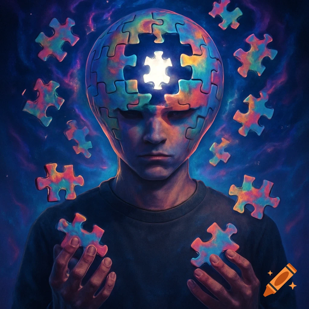 Surreal figure with a puzzle-piece head holding pieces, against a colorful cosmic background.