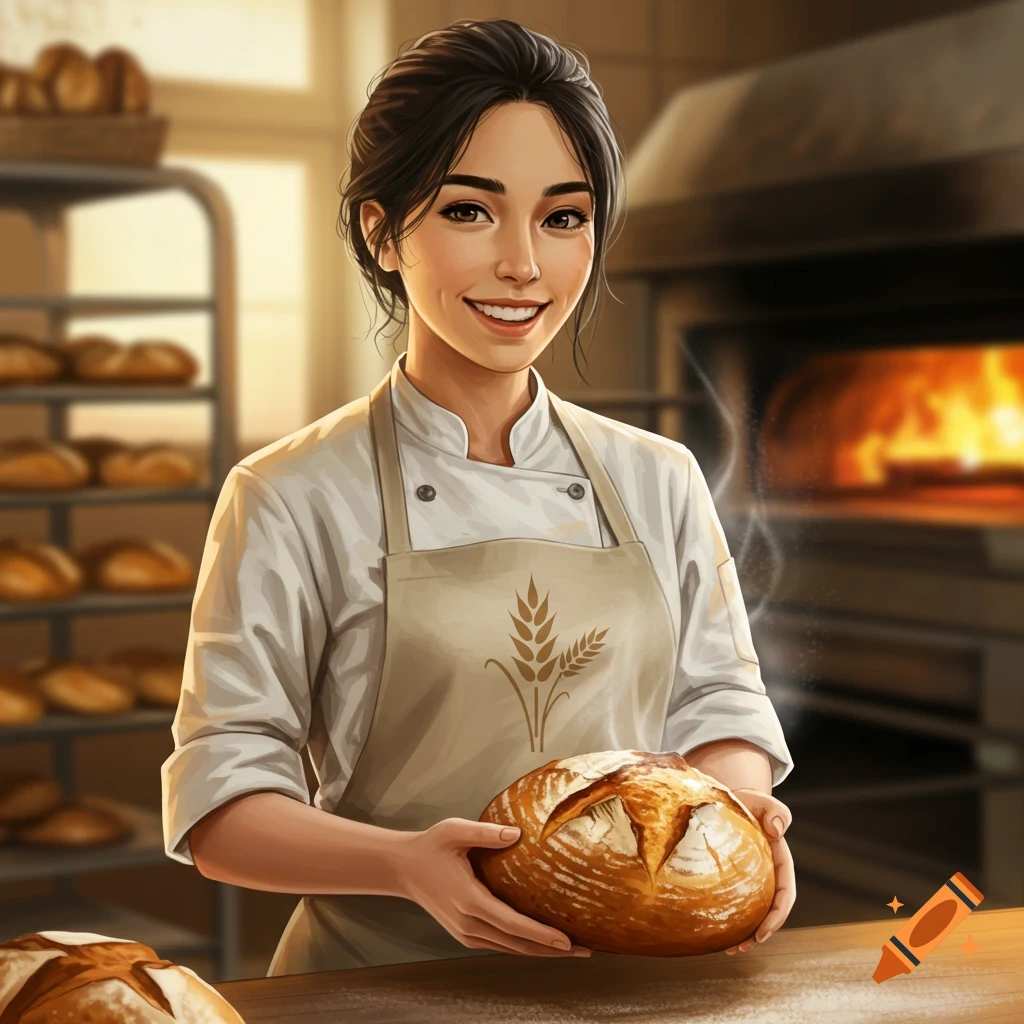 Painting of a smiling female baker in a bakery holding a loaf of bread.