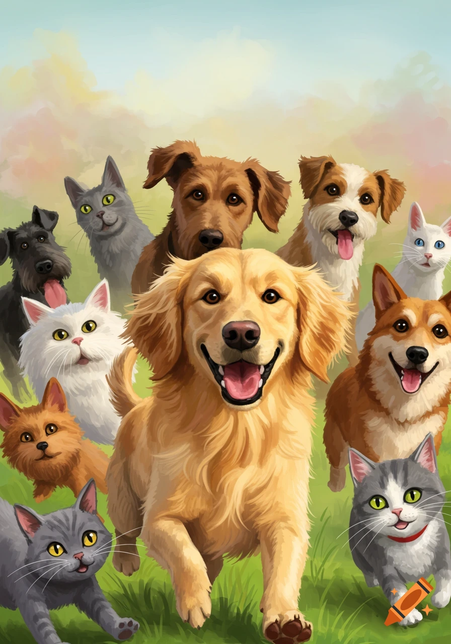 A group of happy dogs and cats running in a field