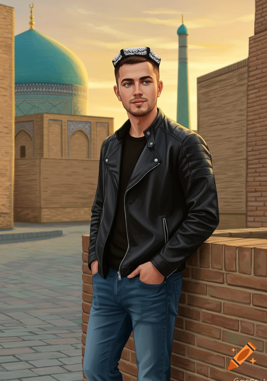 A young man in a leather jacket and traditional hat is leaning against a brick wall with historic architecture behind him at sunset.