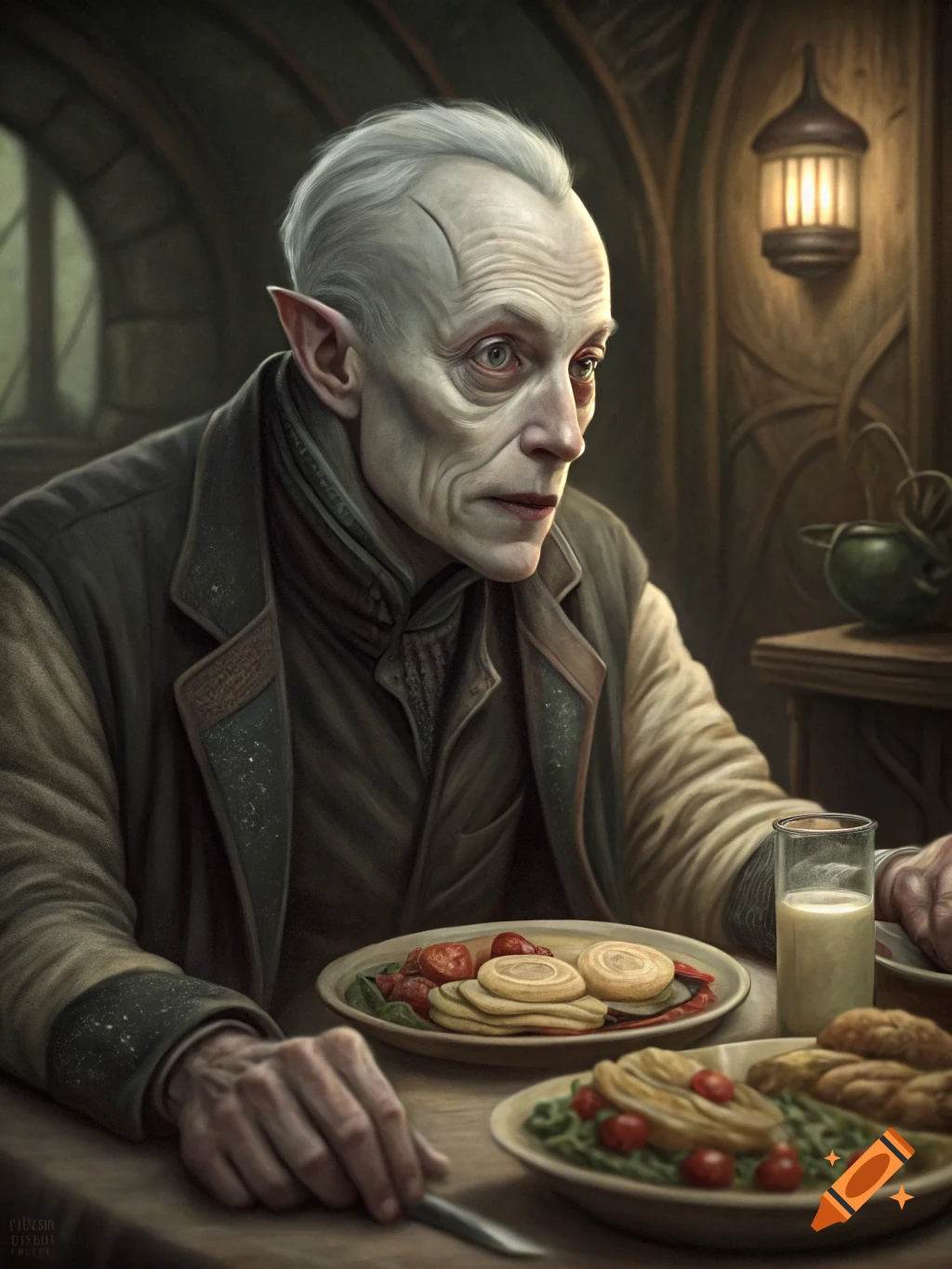 A pale, gaunt creature resembling the Pale Man from Pan's Labyrinth sits at a table with food in a dimly lit room.