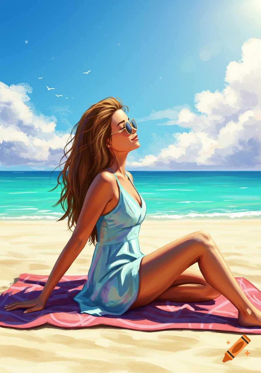 A woman sits on a pink towel on a beach under a sunny sky.