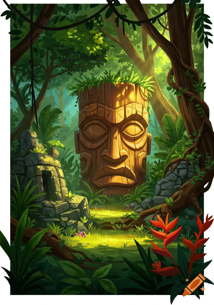 A large tiki mask is situated in a lush jungle with stone ruins and a glowing pathway.