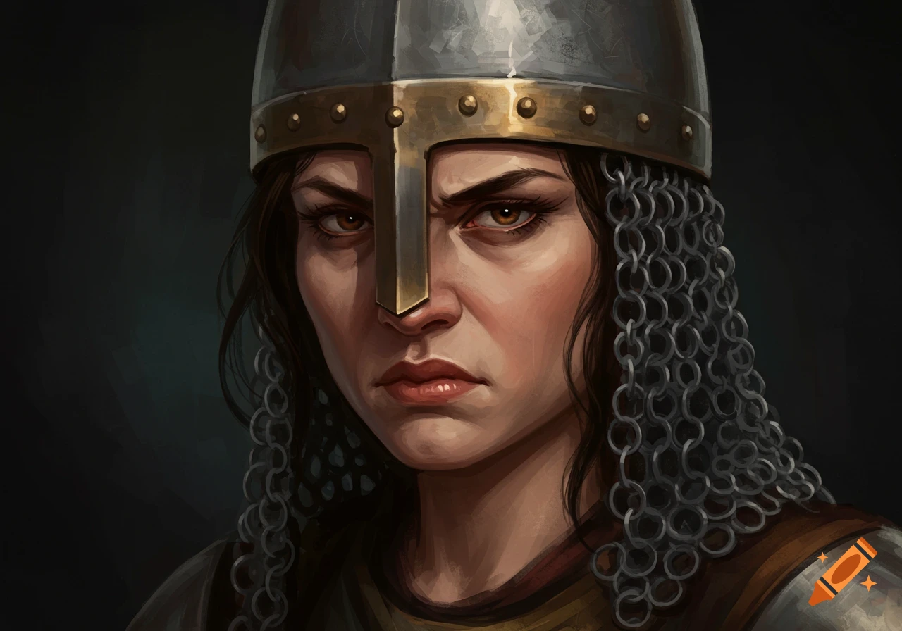 An angry woman wearing a chainmail helmet.