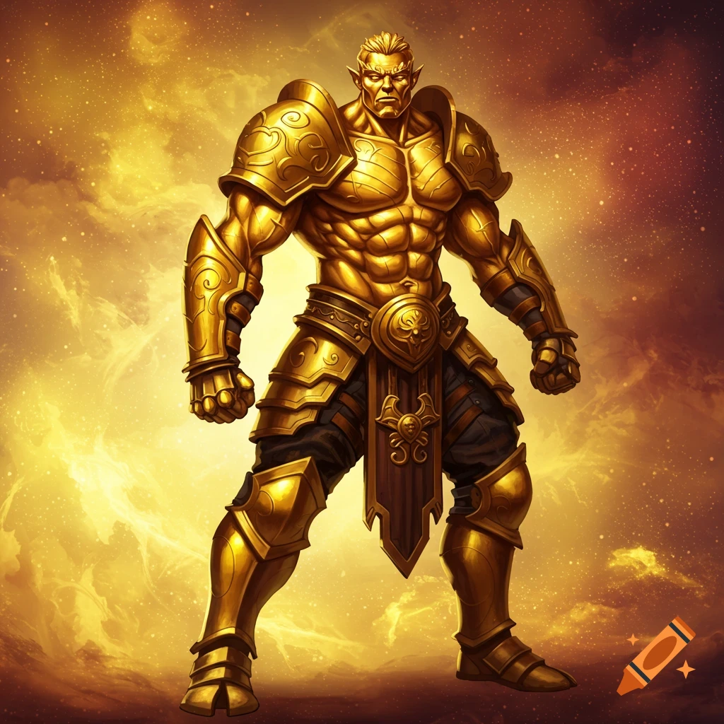 A golden-skinned figure in elaborate golden armor stands against a fiery, starry background.
