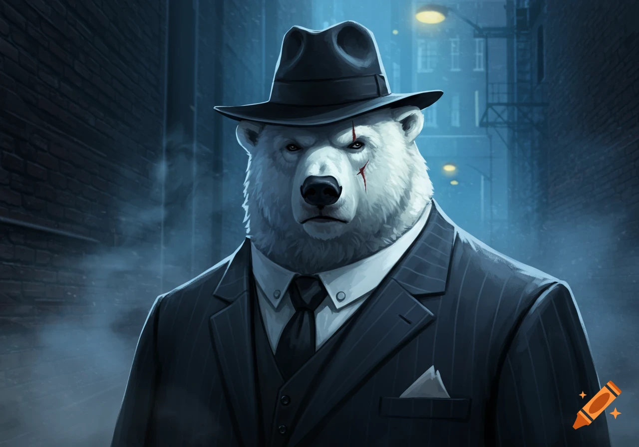 A polar bear in a fedora and pinstripe suit is in an alley.