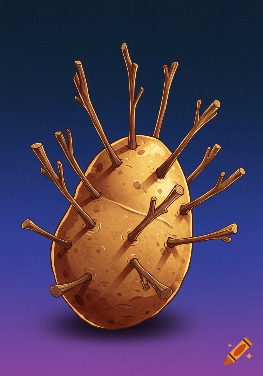 A potato with wooden sticks sticking out, on a gradient background.