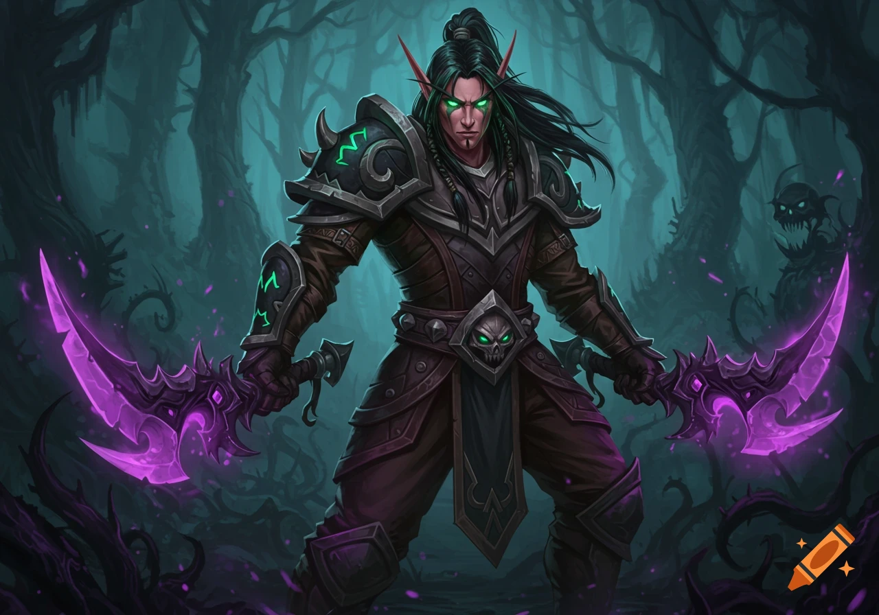 A male night elf in dark armor holding glowing purple crescent blades in a spooky forest.