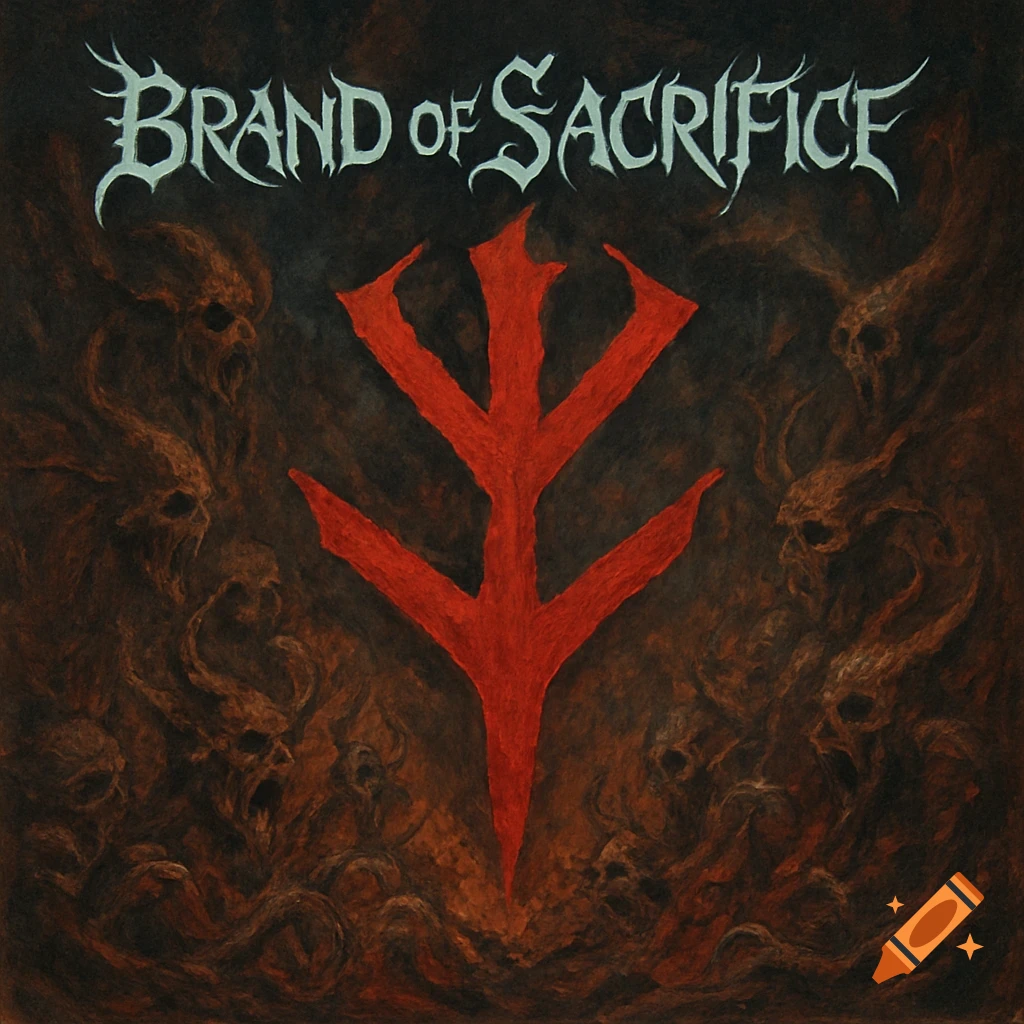 Red symbol with skull figures and text 'Brand of Sacrifice' on a dark background.
