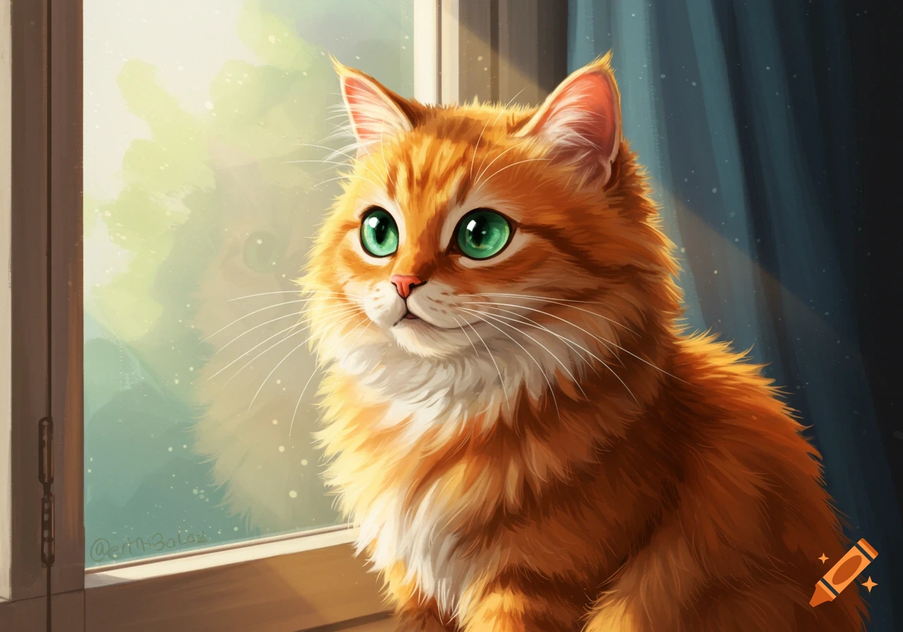 A fluffy orange cat with green eyes looking out a window.