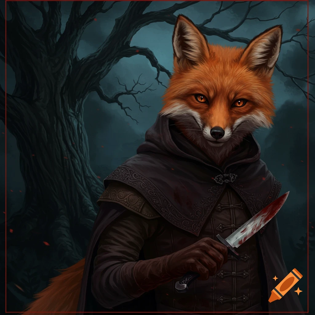 An anthropomorphic fox in a hooded cloak is holding a bloody knife in a dark forest.