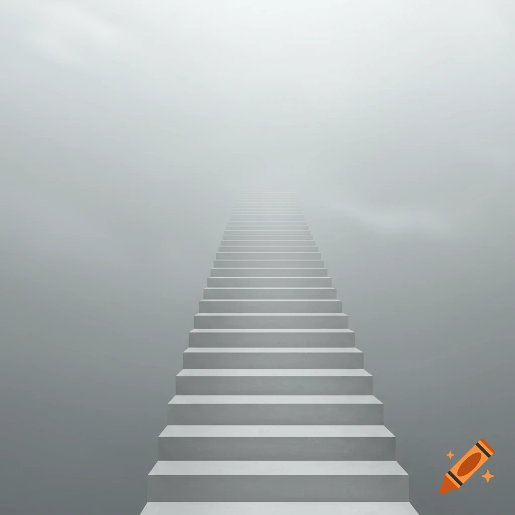 A minimalist white staircase ascends into a light gray foggy sky.