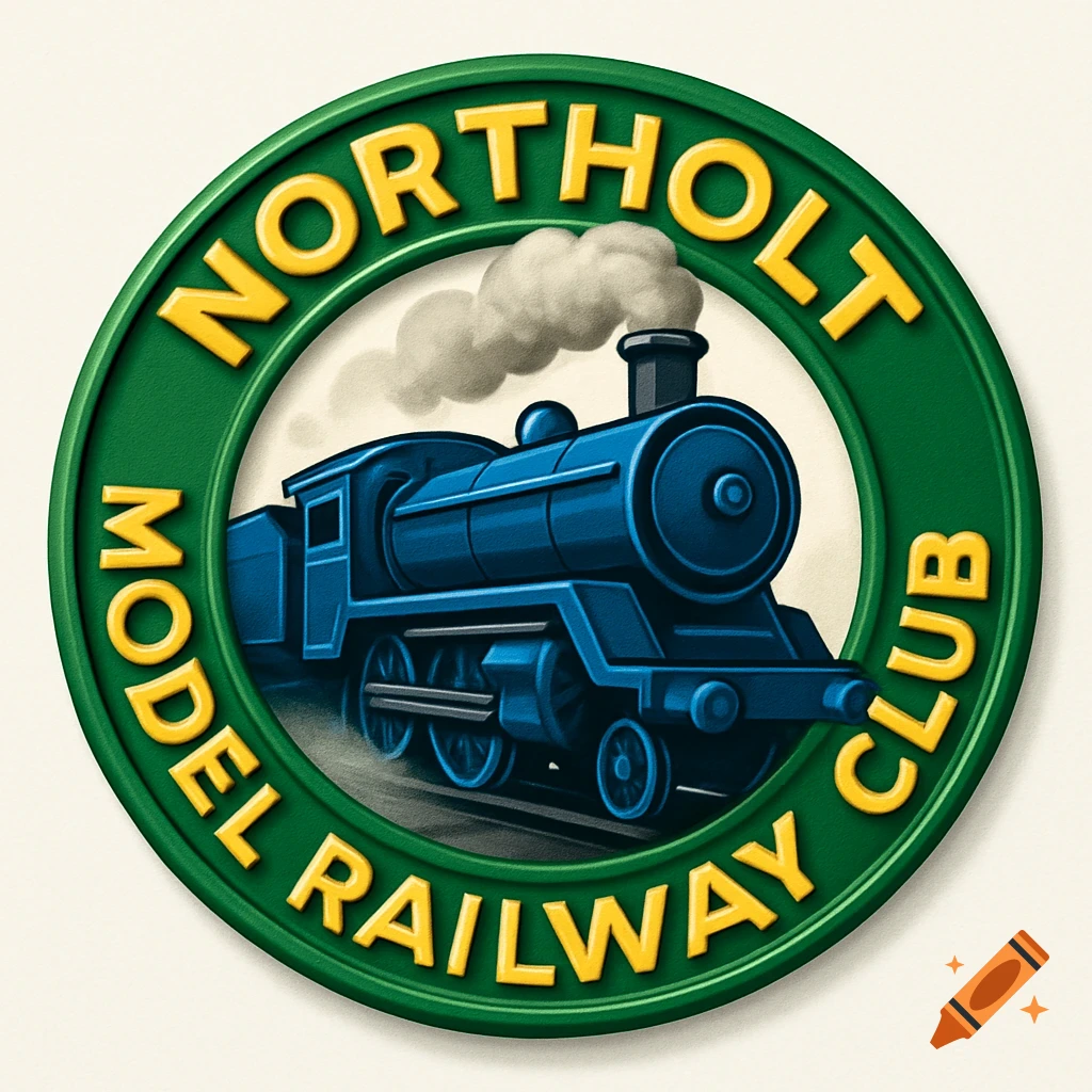 Round logo with green border featuring a blue steam train and text 'NORTHOLT MODEL RAILWAY CLUB'.