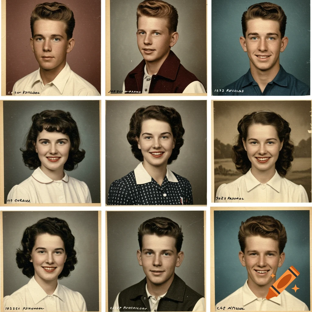 Grid of vintage 1950s yearbook portraits of young men and women.