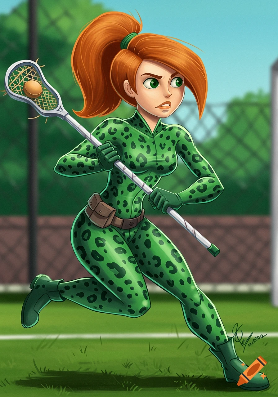Cartoon character resembling Kim Possible in a green cheetah suit playing lacrosse.