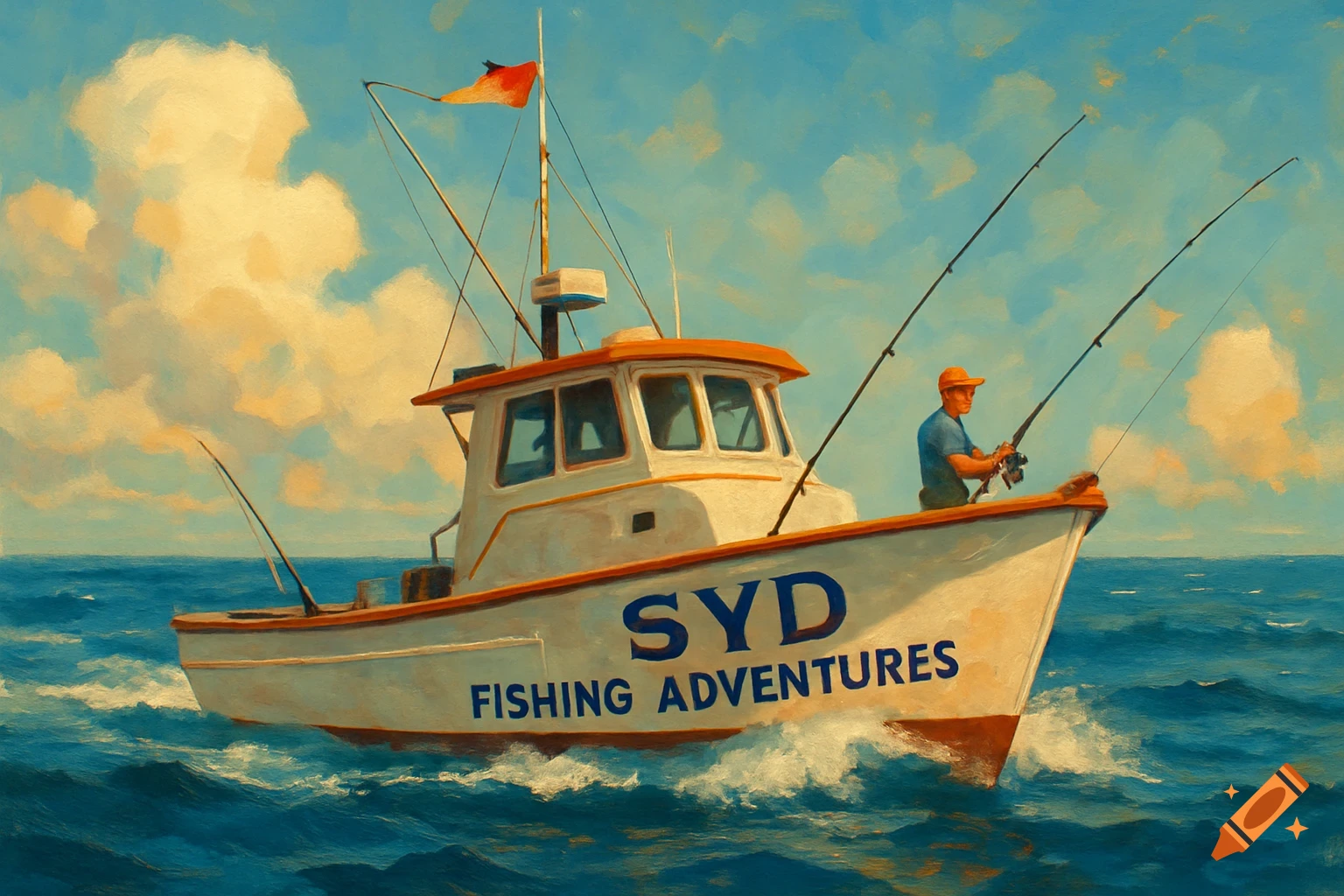 A fishing boat named SYD FISHING ADVENTURES with a person fishing on the sea.