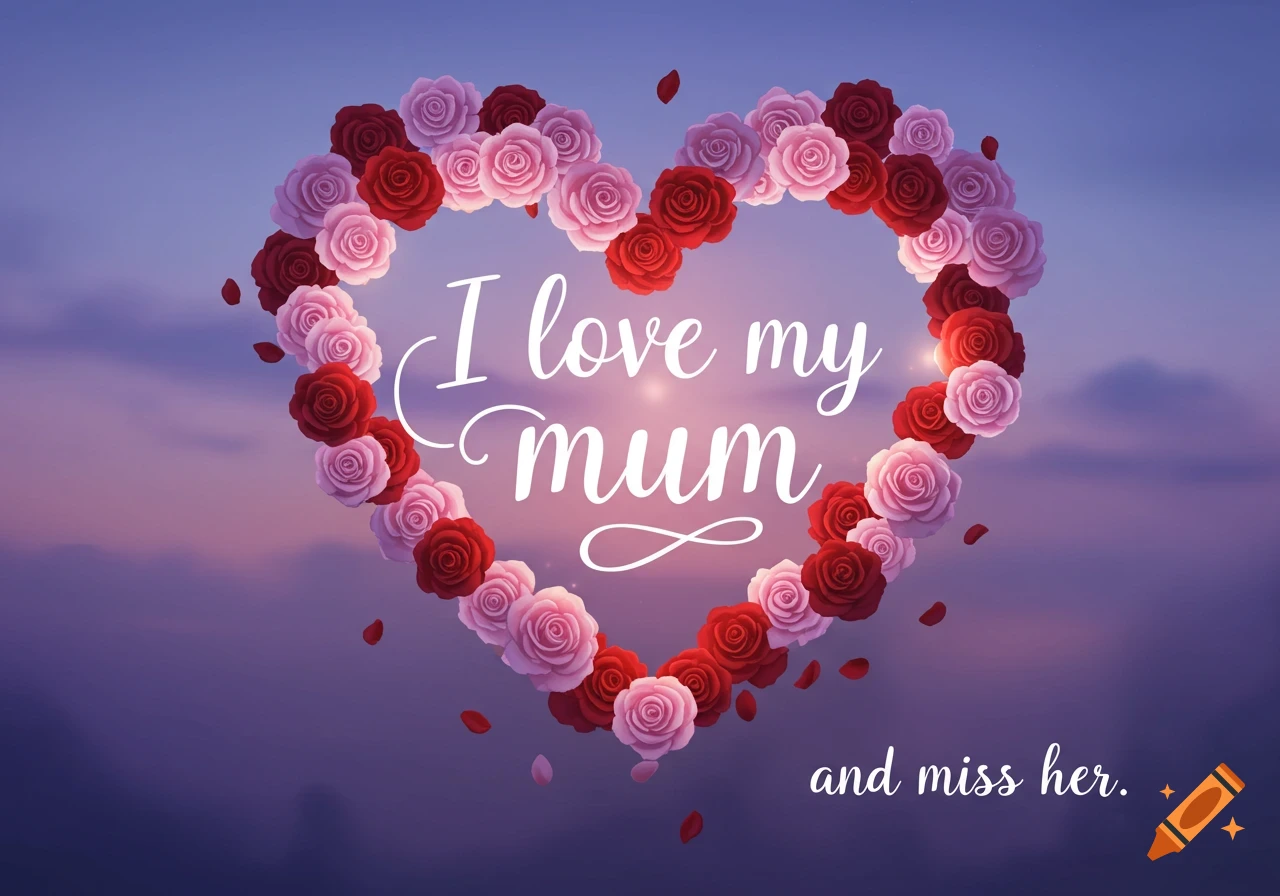 A heart shape made of pink and red roses floats in the sky, containing the text "I love my mum and miss her."