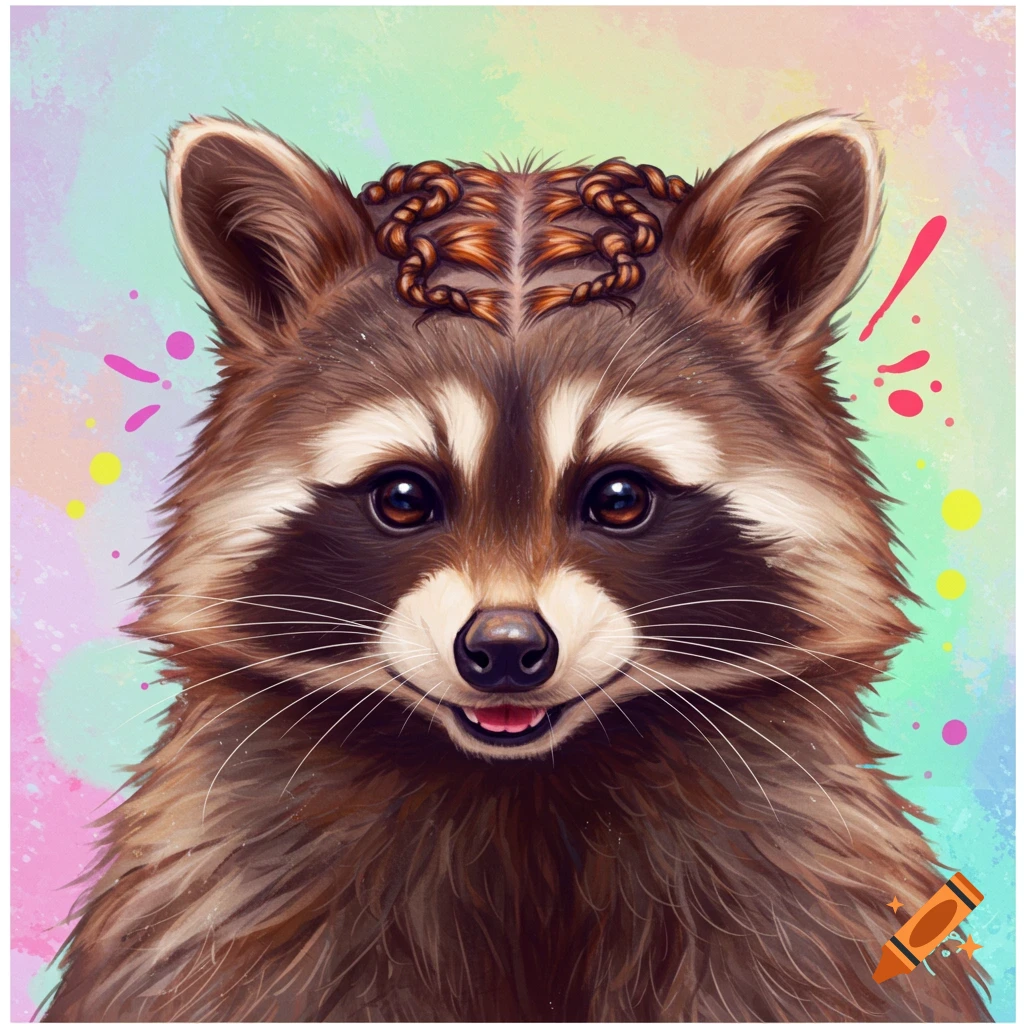A smiling raccoon with braided fur on its head against a colorful background.