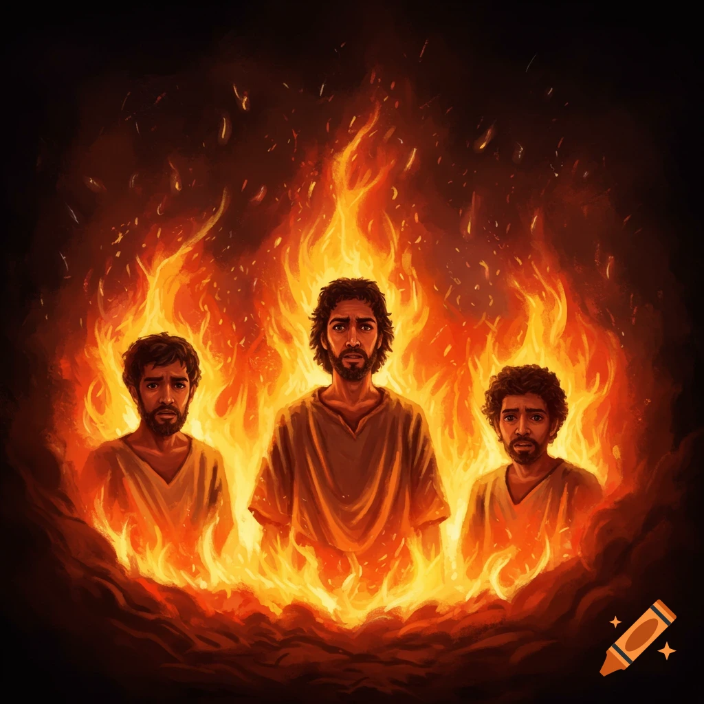 Three men stand unharmed in a fiery furnace.