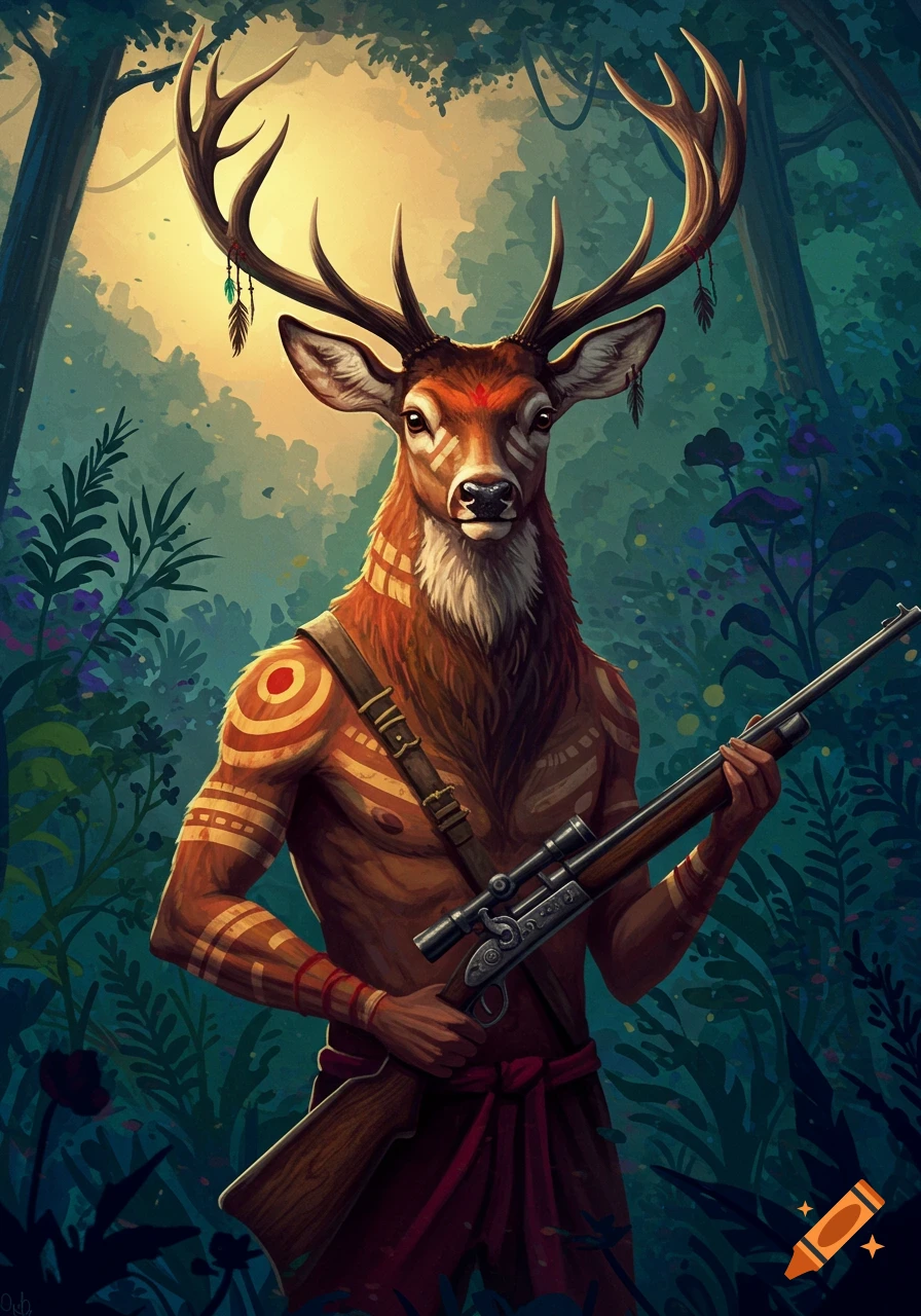 A deer-headed humanoid with war paint holding a rifle in a forest.