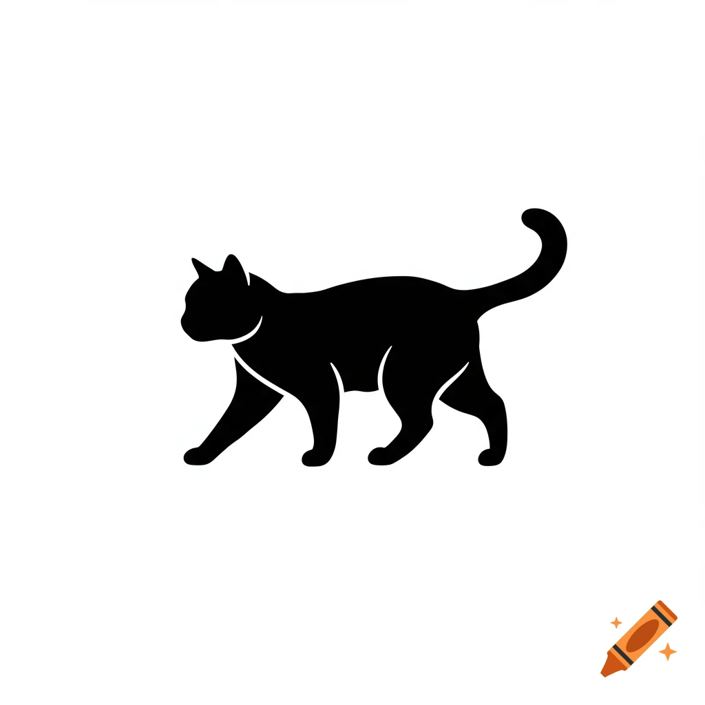Minimalist black icon of a walking cat on a white background.