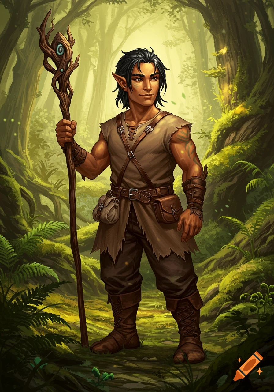 A young male elf-like character is shown holding a staff in a sunny forest.