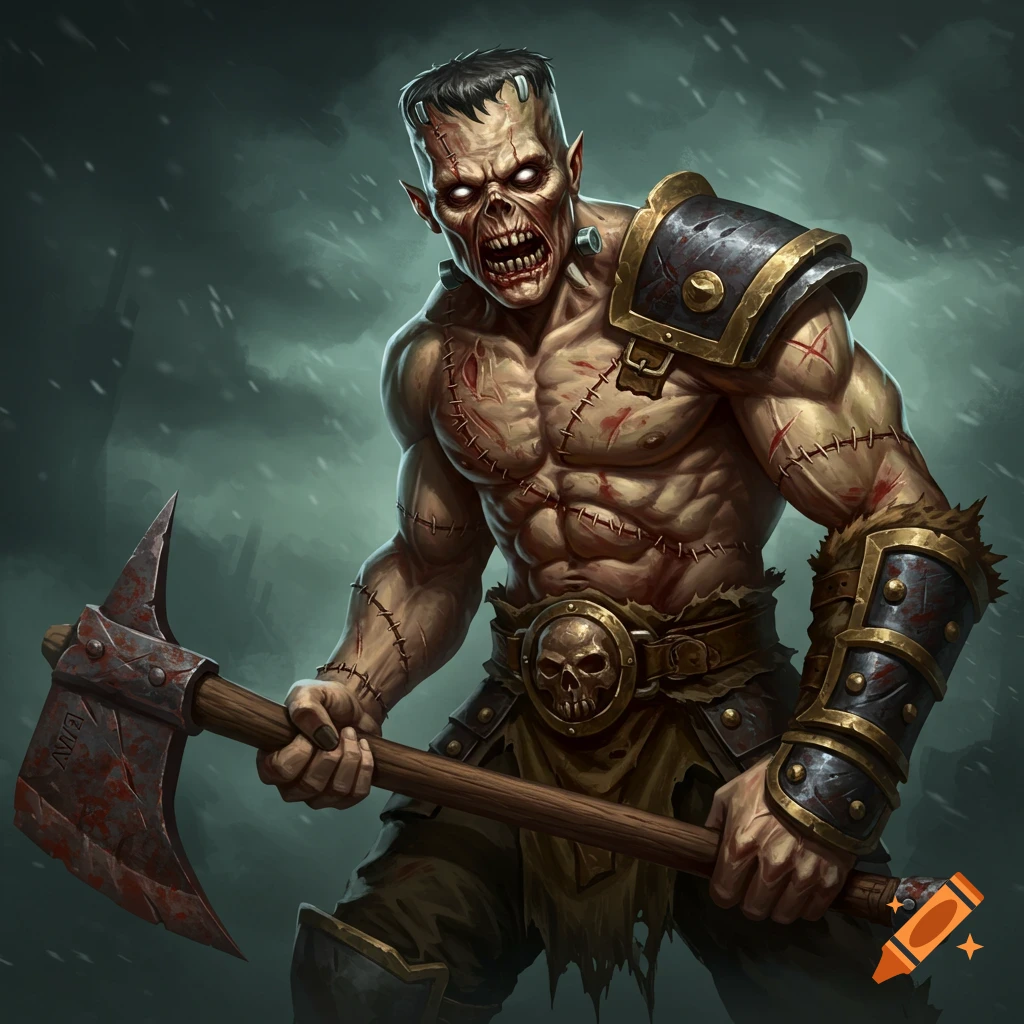 A Frankenstein-like barbarian holding a bloody axe in a stormy setting.