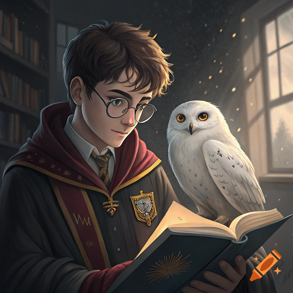 An illustrated portrait of a young wizard with round glasses and brown hair, wearing a robe and reading a book, with a white owl perched beside the book.