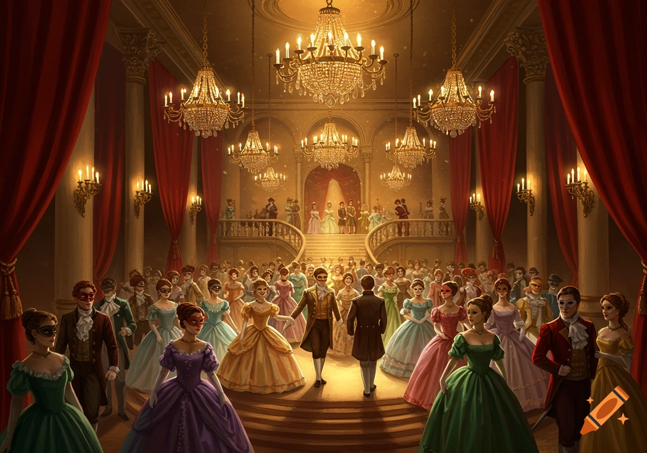 A grand masquerade ball in a large ballroom filled with masked guests in elaborate costumes, lit by chandeliers.