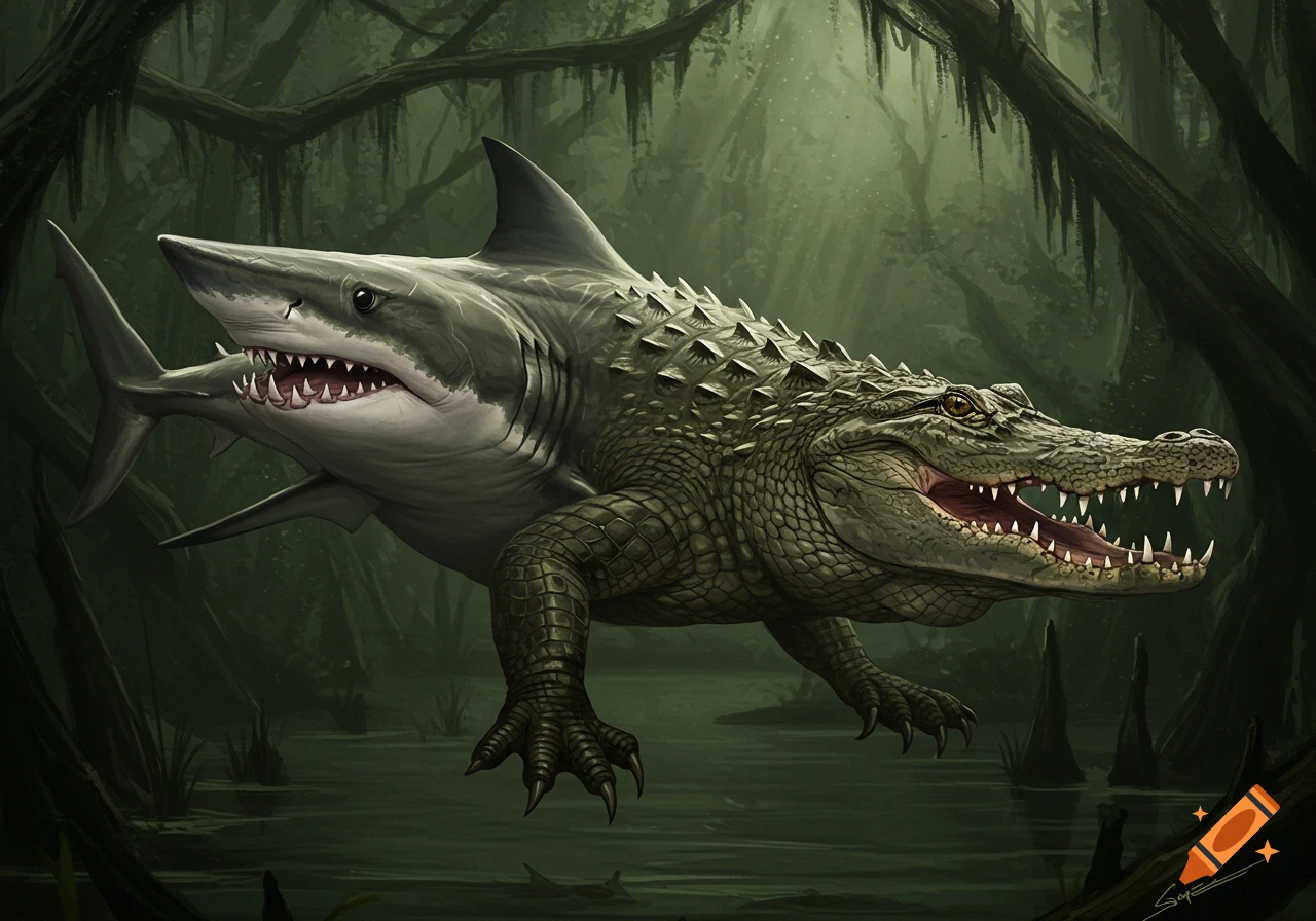 A creature that is half shark and half alligator standing in a swamp.