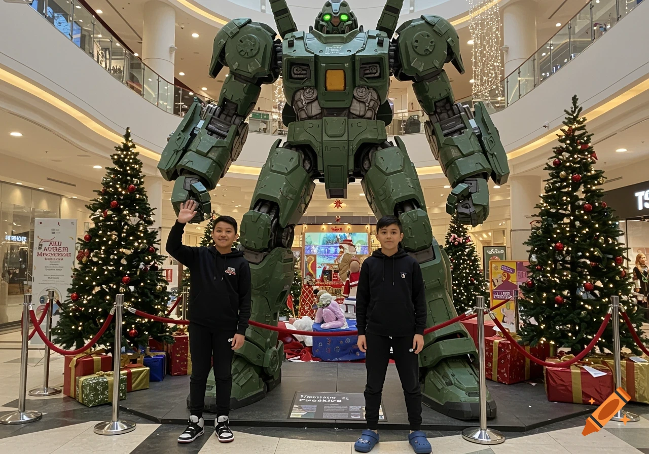 Two boys stand in front of a large green robot statue and Christmas trees in a mall.