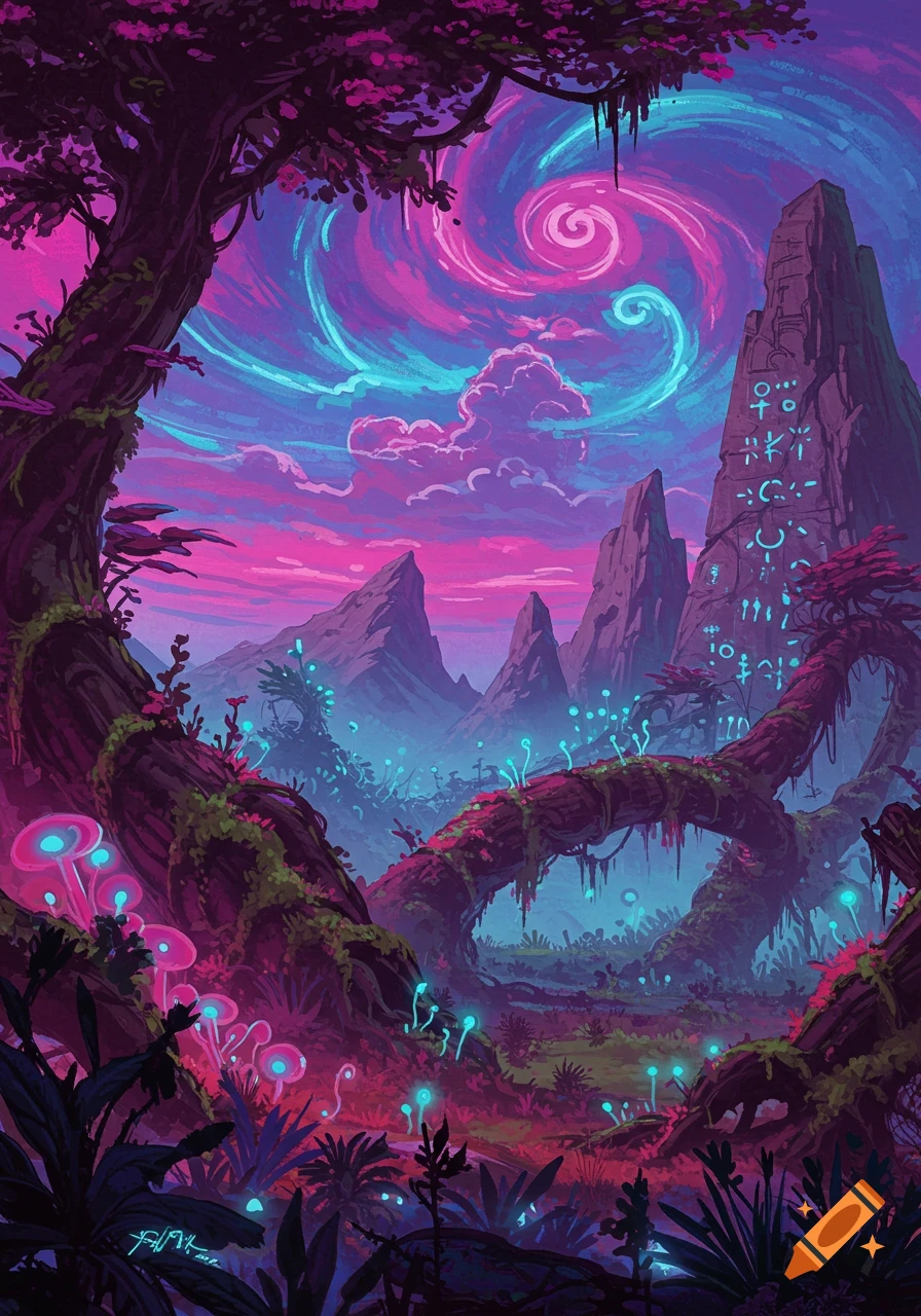Vibrant alien fantasy landscape with glowing plants, mountains, and a swirling purple and blue sky.