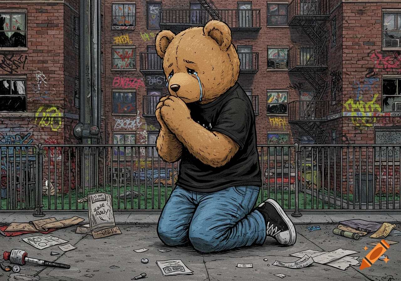 Hand-drawn illustration of a crying teddy bear praying on its knees in an urban street with graffiti.