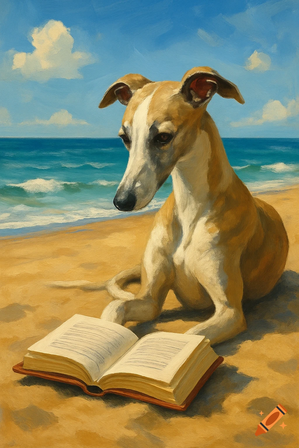 A Whippet dog reading a book on a sandy beach by the ocean.