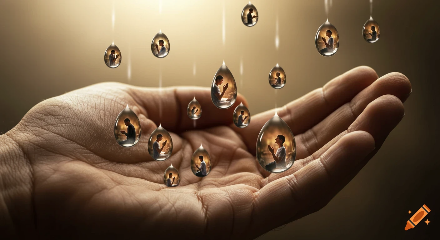 Hand open upward catching raindrops, each containing a reflection of a person praying.