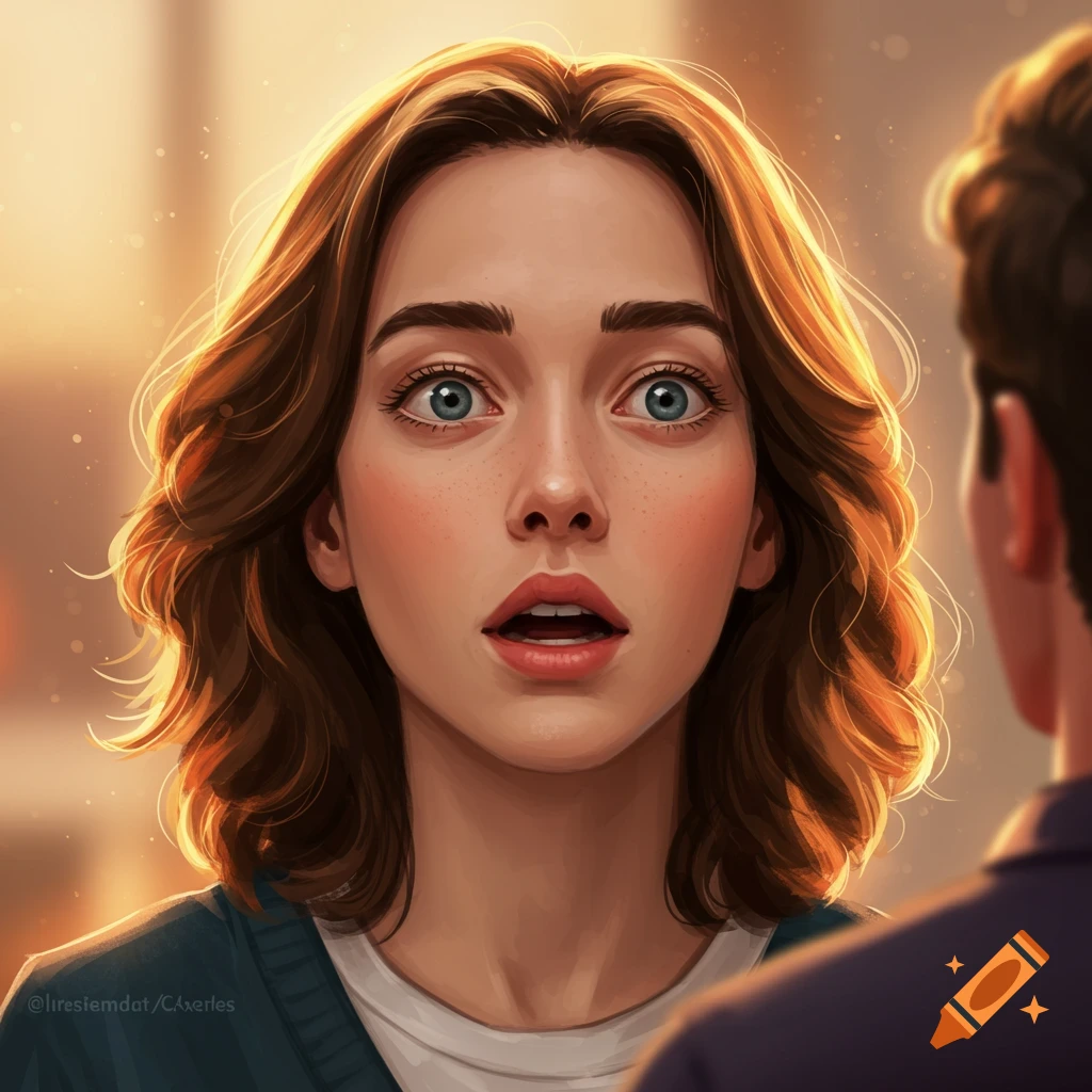 A young woman with wide surprised eyes, brown hair, and freckles. A blurred person is in the foreground and there is a warm glowing background.