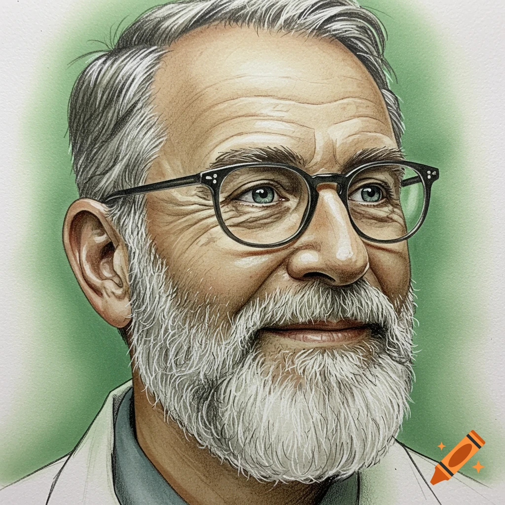 Stylized portrait of an older man with glasses and beard on a green background.