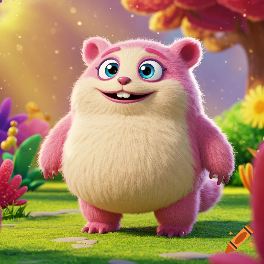 A cute pink and cream furry cartoon creature with big blue eyes smiles in a bright, colorful garden.