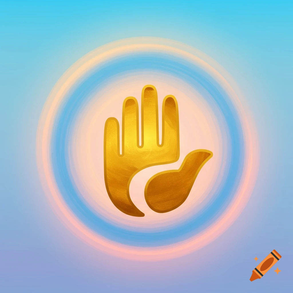 A golden hand symbol inside a blue and orange circle, on a blue and pink background.