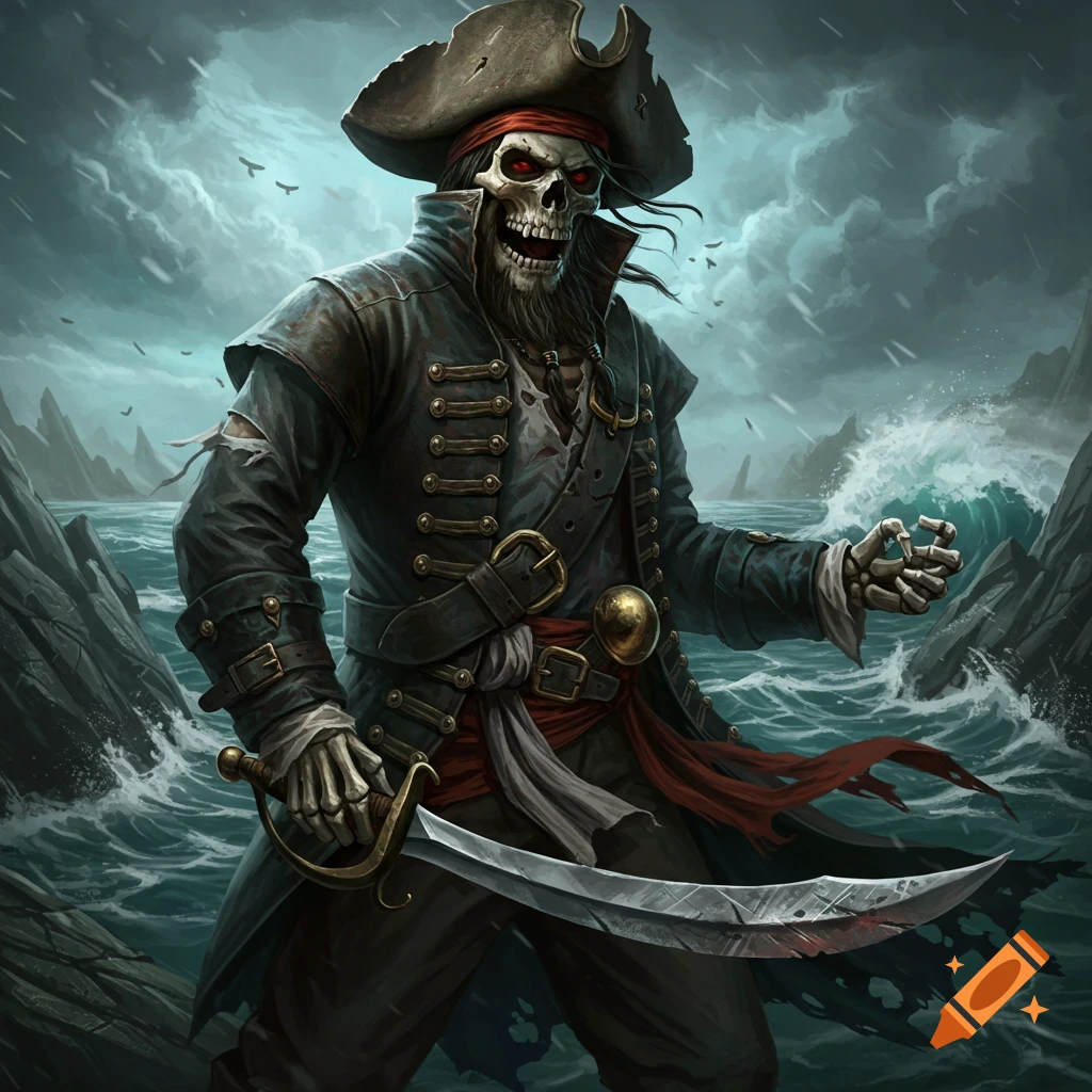 A skeleton pirate standing on a rocky shore with a stormy sea behind him.