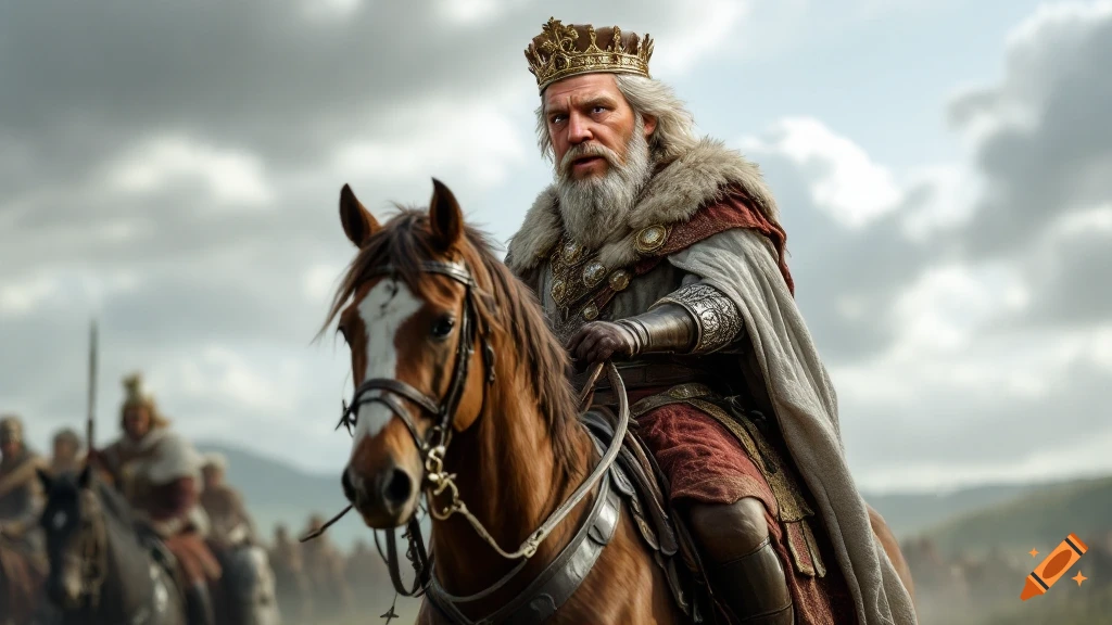 A king with a crown and beard rides a brown horse, looking to the left. In the background, soldiers are visible.
