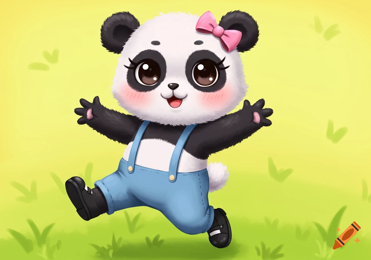 A cute cartoon panda cub wearing a pink bow and blue overalls, jumping in a field.