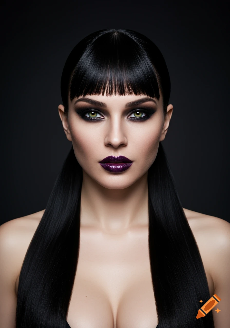 Studio portrait of a woman with dark makeup and hair looking at the viewer.