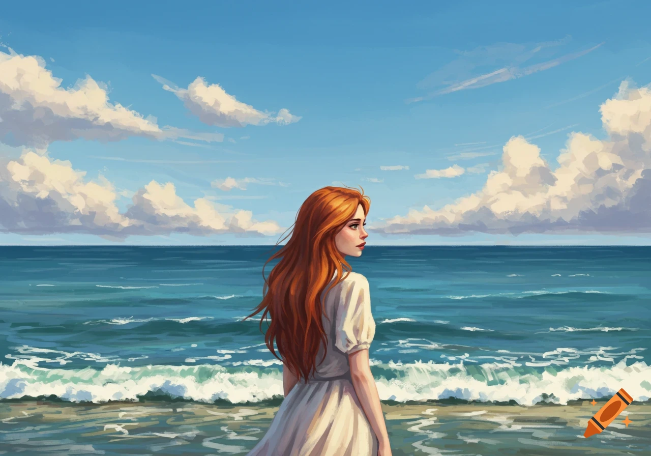 a woman with red hair looking at the sea from a beach.