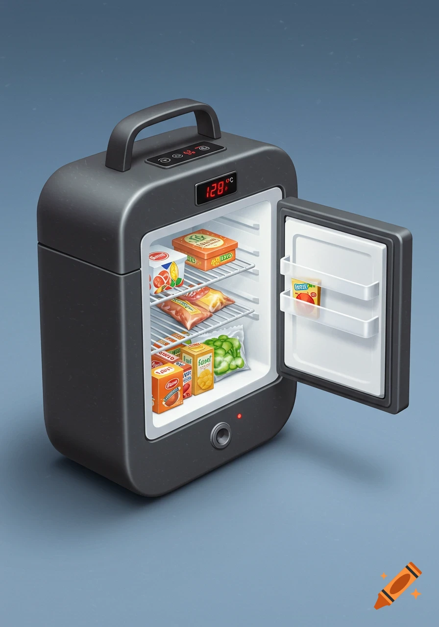 A small, black portable freezer with the door open, showing food items inside.