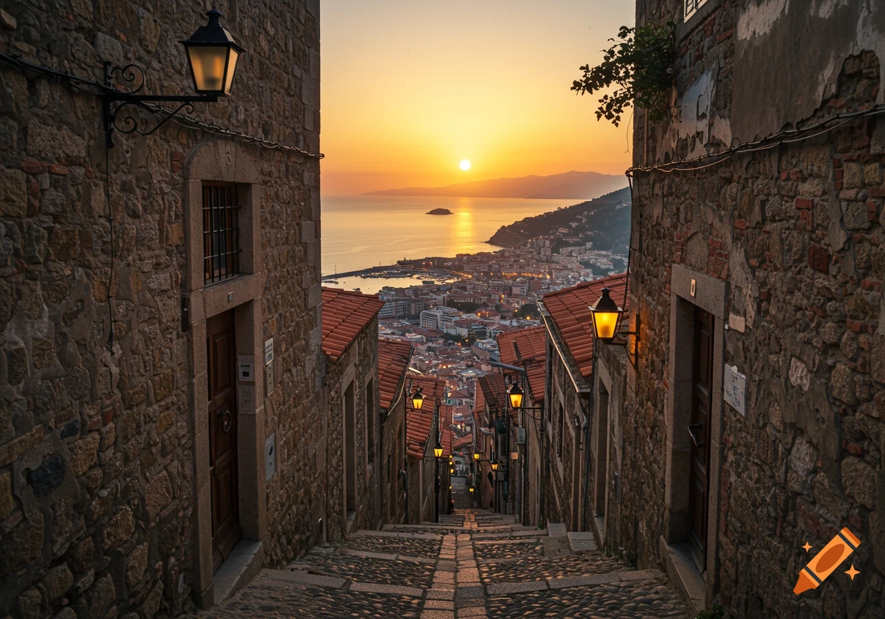 View down a stone alleyway towards a coastal city and ocean at sunset.